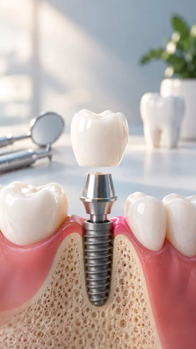 کاشت ایمپلنت دندان؛ نمای پایه تیتانیومی و روکش روی استخوان فک